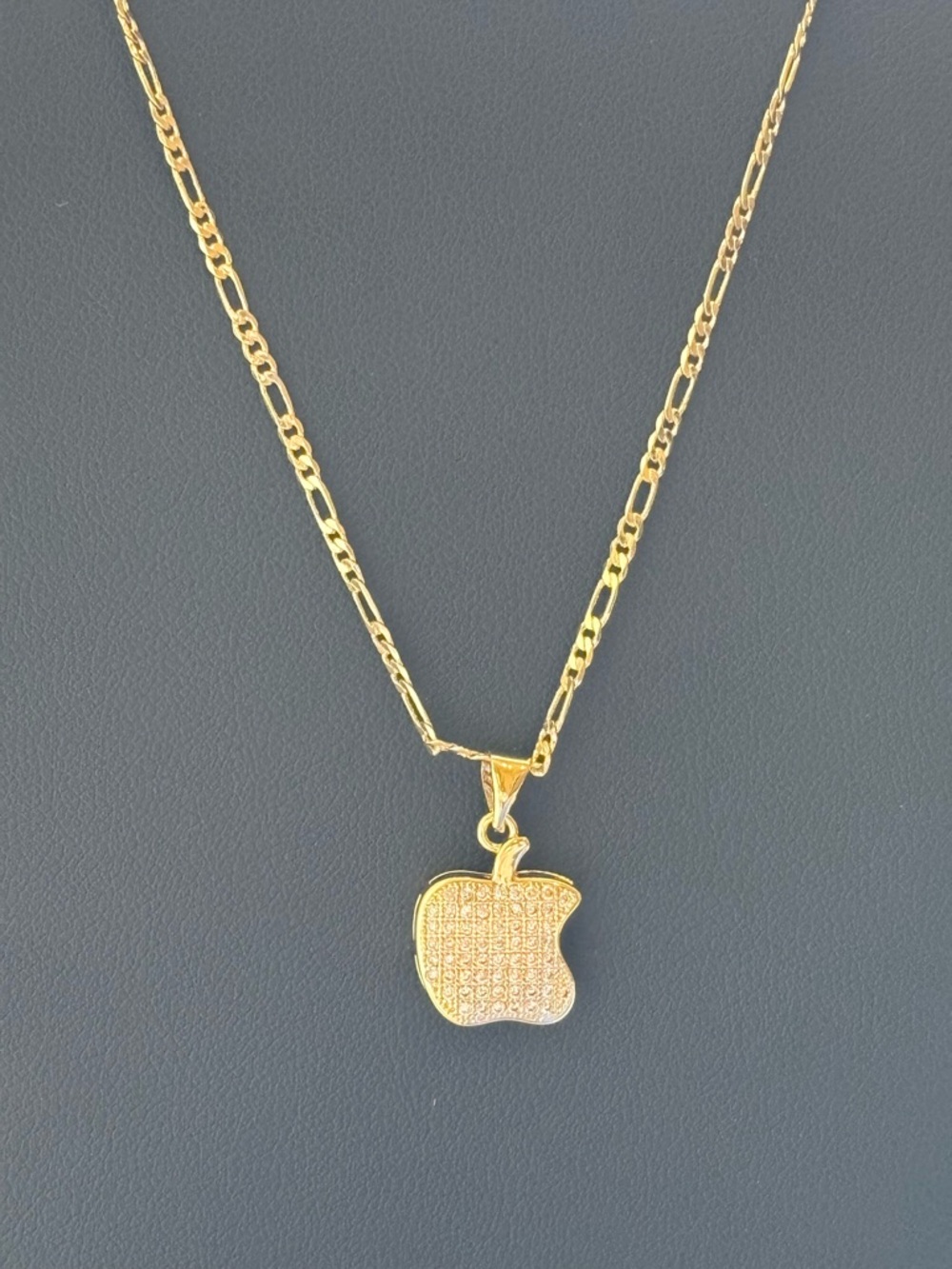 Gold Plated Apple Pendant Necklace Pave Crystal Charm Figaro Chain Dainty Trendy - Picture 4 of 9